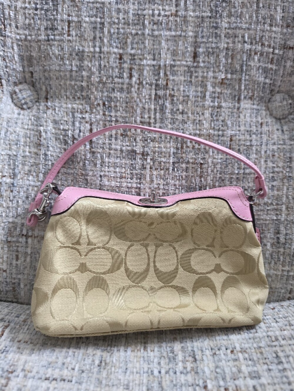 Coach Beige Signature Jacquard Shoulder Bag with Pink Trim